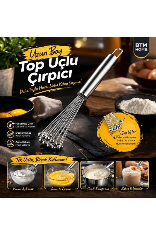 Top Uçlu Paslanmaz Çelik Çırpıcı Yumurta Sos Krema Çırpma Karıştırıcı Mutfak Çırpıcı