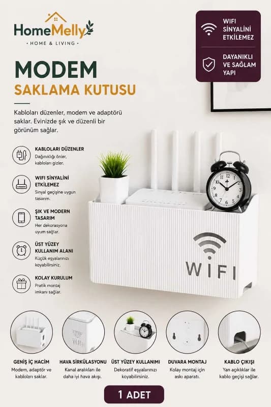 1 Adet Krem Renkli Duvara Monte Edilebilir Modem Saklama Kutusu
