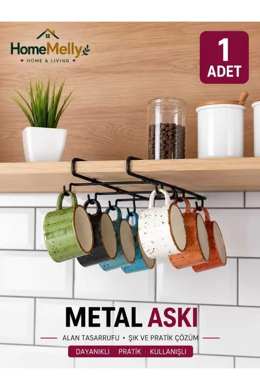 Delmeden Montaj 6 Kancalı Dolap Altı Bardak ve Kupa Askılığı – Siyah Metal Mutfak Rafı Organizeri