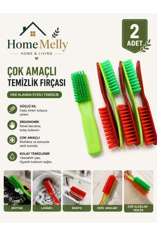 2'li Yeşil ve Kırmızı Renkli Çok Amaçlı Fırça Temizlik Fırçası