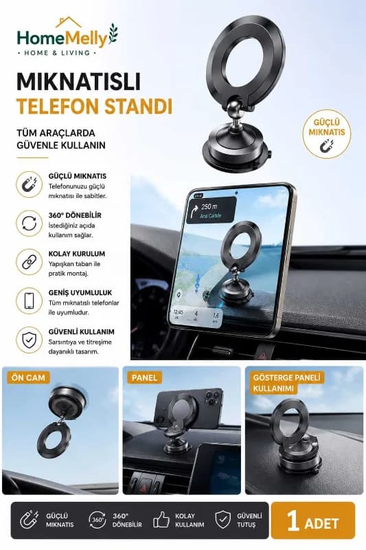 Telefon Tutucu - Mıknatıslı Araç İçi Vantuzlu 360° Döner Güçlü Vakumlu Oto Telefon Standı