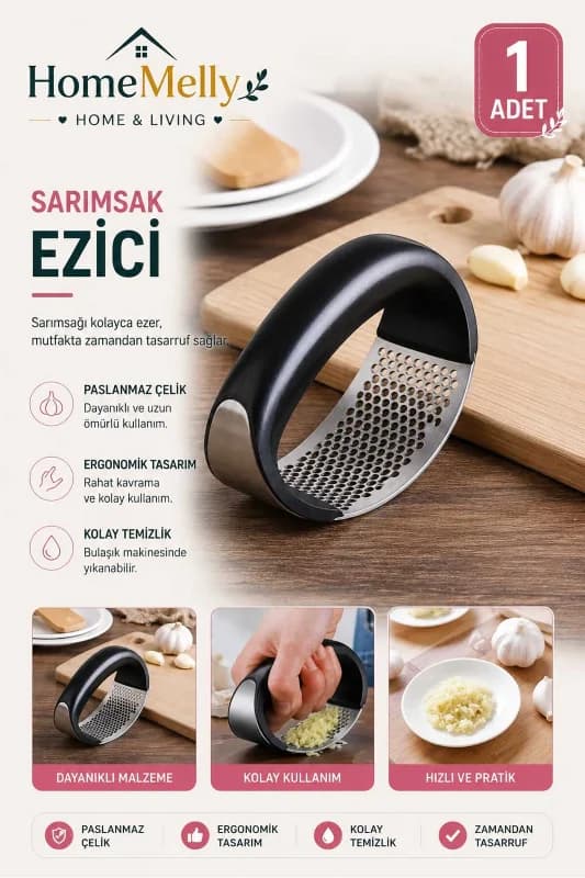Pratik Sarımsak Ezici - Kolay Kullanımlı Sarımsak Rendeleyici, Paslanmaz Çelik, Mutfak Aksesuarı