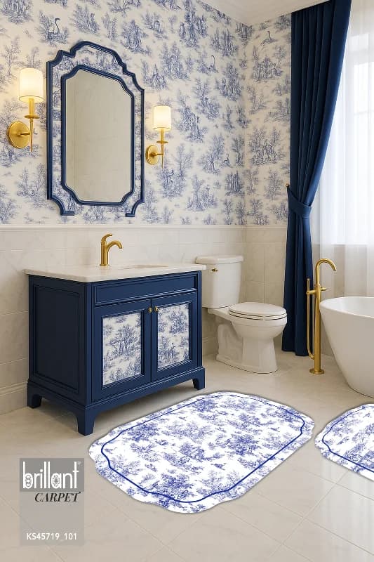 Toile de Jouy Temalı Lateks Taban Banyo Paspası (45X55)