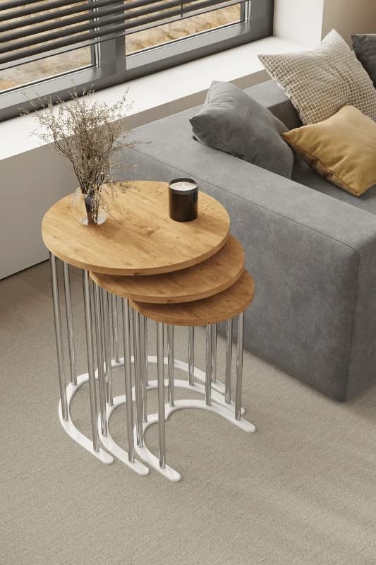 Usta Mekan Tokyo Gümüş Atlantik Çam Mdf 3 Lü Yuvarlak C Zigon Sehpa Gri