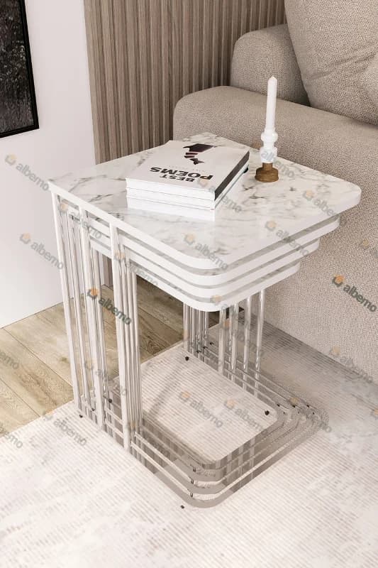 Usta Mekan Orkide Tekerlekli 4 Lü Zigon Sehpa Gümüş- Beyaz Mermer Desen Mdf Çok Renkli