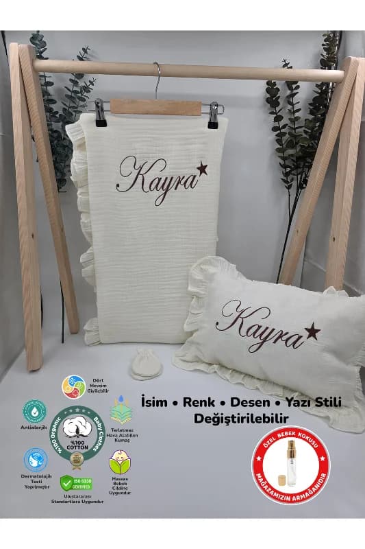 %100 Pamuk Müslin Kumaş Fırfırlı Battaniye Takı Yastığı Kılıfı 35*45 (Hediyeli İsimli Nakış Desenli)