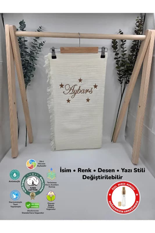 %100 Pamuk 4 Katlı Müslin Kumaş Püsküllü Battaniye (Hediyeli İsimli Nakış Desenli)