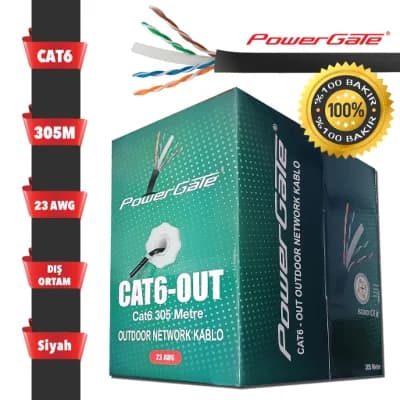 POWERGATE CAT6-OUT-COPPER, Outdoor (Dış Mekan), Polietilen, 23AWG 0.57mm, UTP, CAT6, %100 Bakır Kablo, 305m, Siyah