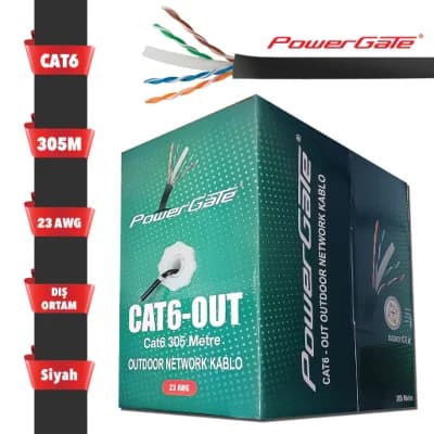 POWERGATE CAT6-OUT-CCA, Outdoor (Dış Mekan), Polietilen, 23AWG 0.57mm, UTP, CAT6, CCA Kablo, 305m, Siyah
