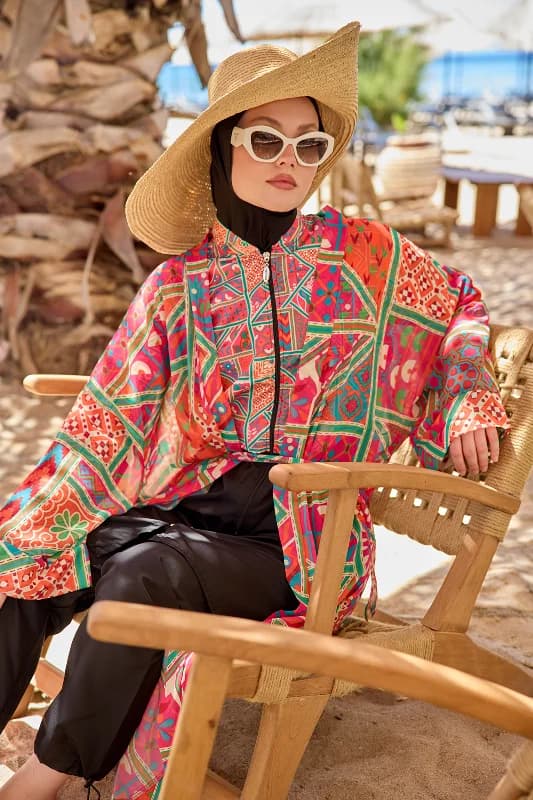 Remsa Tesettür Mayo Üzerine Tek Kaftan Kimono Pareo Pembe RP031 Arzu