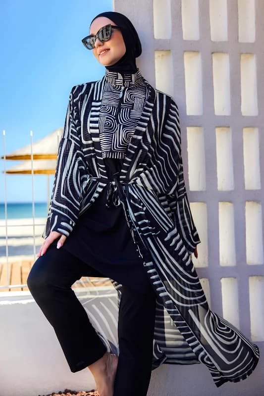 Remsa Tesettür Mayo Üzerine Tek Kaftan Kimono Pareo Siyah02 RP032 Labire