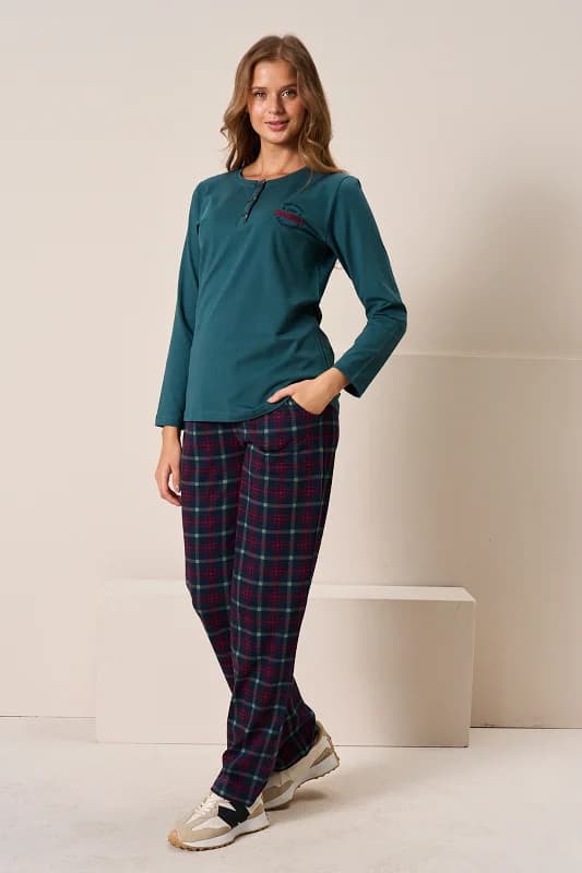 Kadın Penye Uzun Kol Pijama Takımı 3196 Zümrüt01