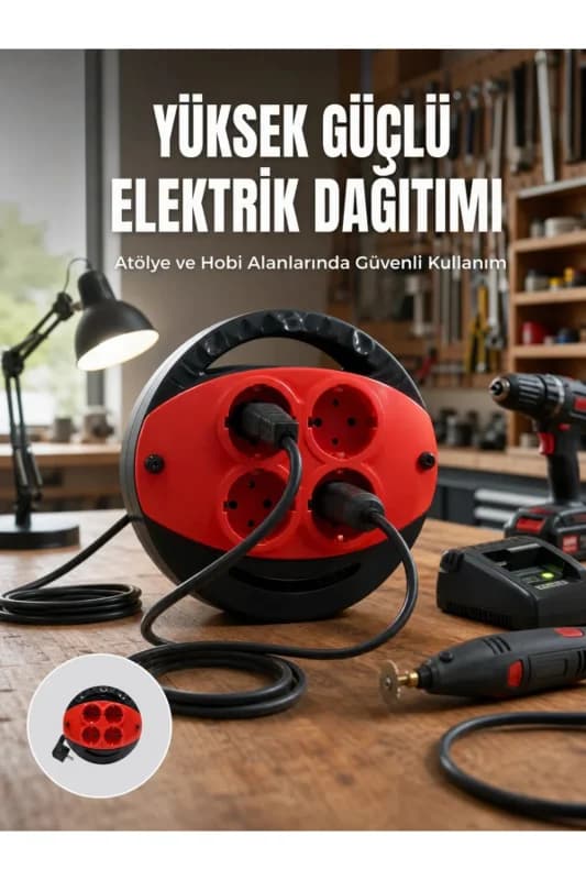 5 Metre Uzatma Kablolu 4 Prizli Makara Kırmızı