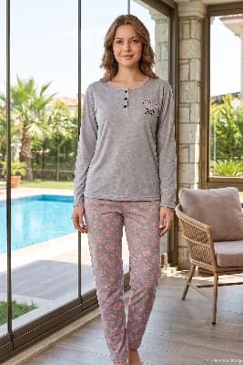 Kadın Yaka Kısmı Düğme Detay Uzun Kollu Penye Pijama Takımı 10003 Lila
