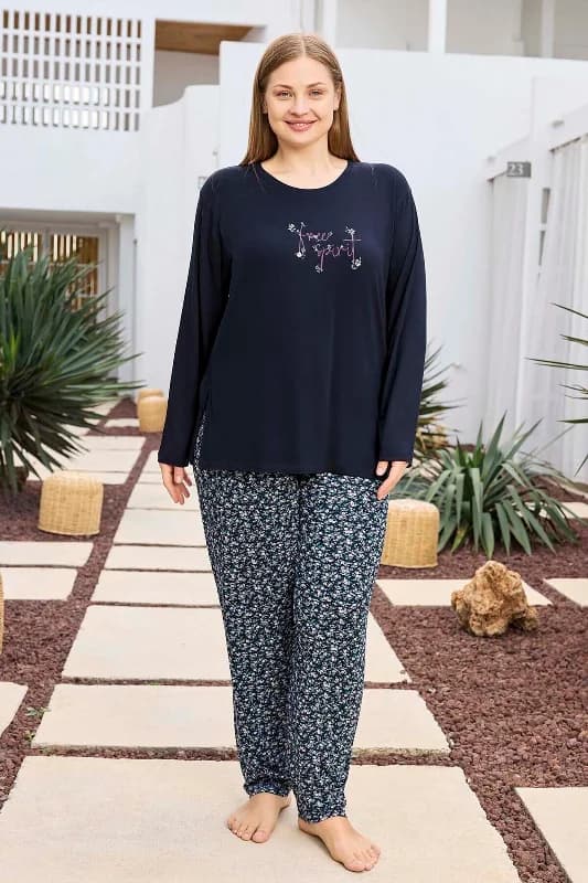 Büyük Beden Termal Kadın Uzun Kol Pijama Takımı 240680 Petrol