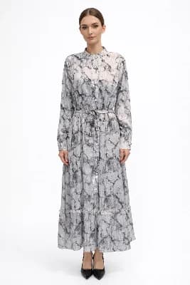 Desenli Saten Elbise 13257 Siyah