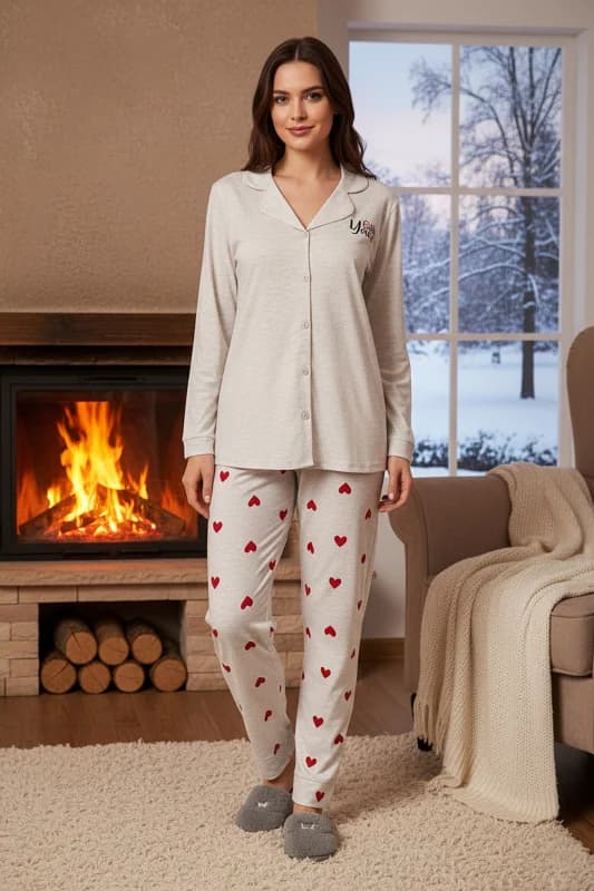 Kadın Kalp Desen Suprem Pijama Takımı 0529 Vizon05