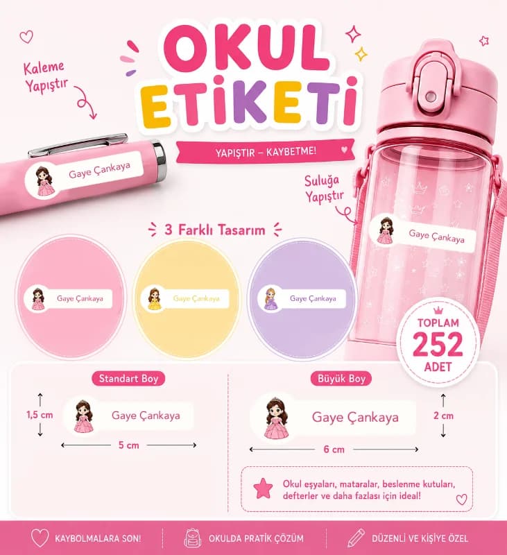 Kişiye Özel Pastel Mat Renkli Okul Etiketi Seti 252 Adet - Prenses Serisi Isim Etiketi (Kalem, Suluk, Defter)