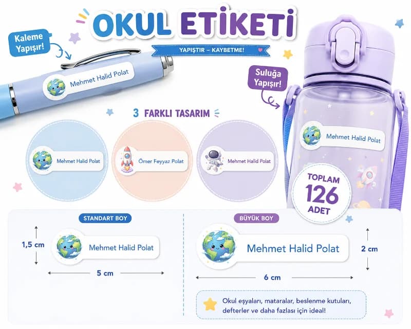 Kişiye Özel Pastel Mat Renkli Okul Etiketi Seti - Gezegen ve Uzay Serisi Isim Etiketi (Kalem, Defter)