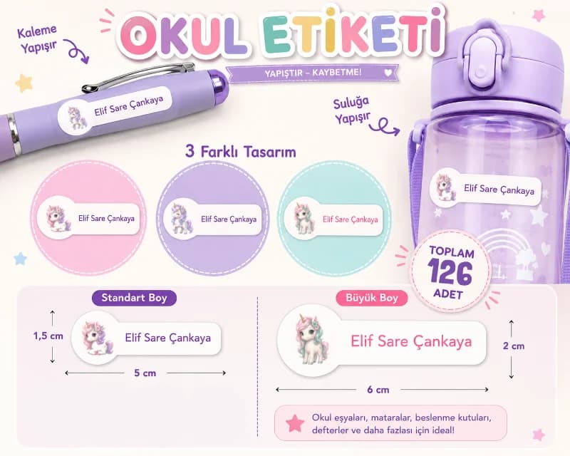 Kişiye Özel Pastel Mat Renkli Okul Etiketi Seti - Unicorn Serisi Isim Etiketi (Kalem, Defter)