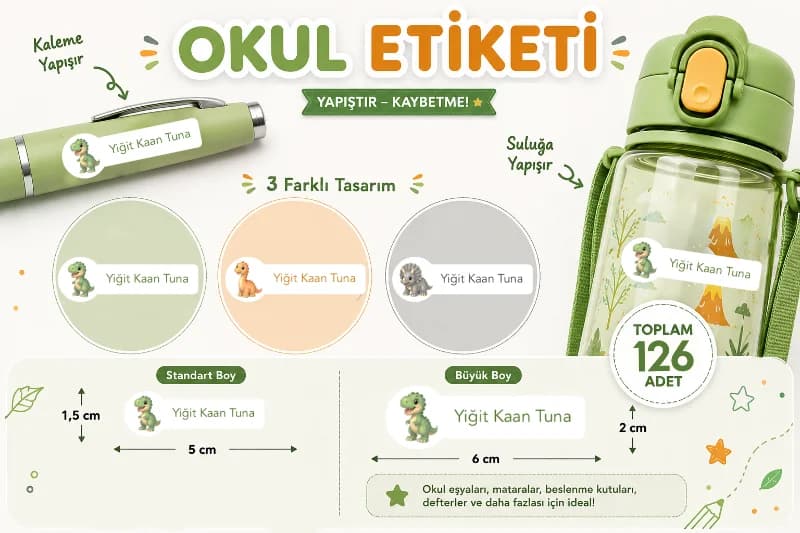 Kişiye Özel Pastel Mat Renkli Okul Etiketi Seti - Dinazor Serisi Isim Etiketi (Kalem, Defter)