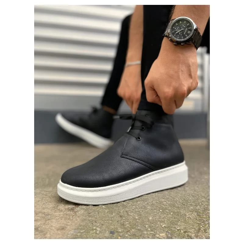 Pabucmarketi Siyah (Beyaz Taban) Bağcıklı Erkek Sneaker Bot