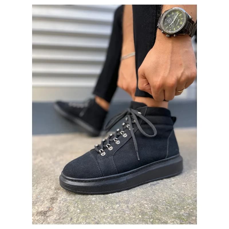 Pabucmarketi Siyah Süet (Siyah Taban) Bağcıklı Erkek Sneaker Bot
