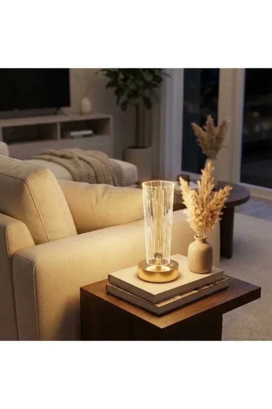 ® Silindirik Kristal Nokta Model LED Masa Lambası – Gold Tabanlı, Dokunmatik,