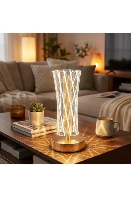 ® Silindirik Kristal Çizgi Model LED Masa Lambası – Gold Tabanlı, Dokunmatik,