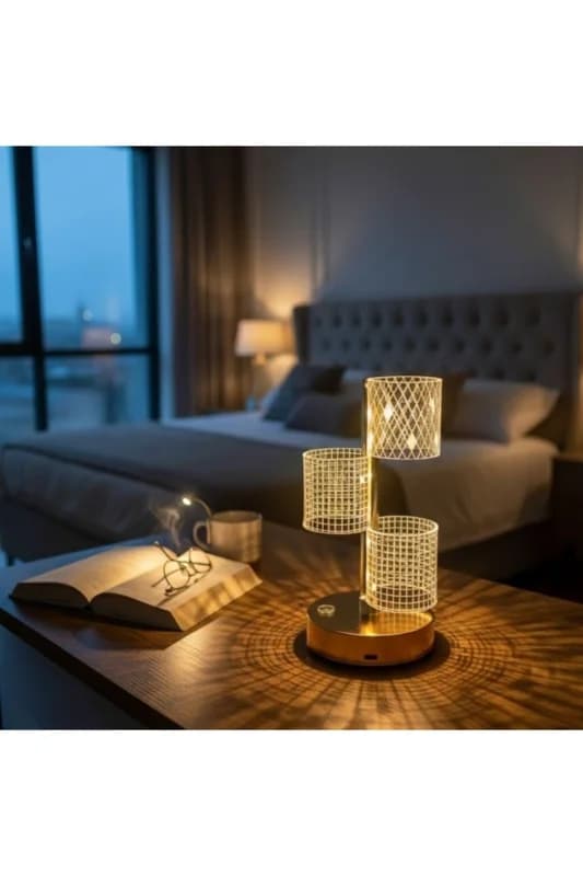 ® 3 Parça Silindirik Kristal Ekose Kareli LED Masa Lambası – Gold Gövdeli,