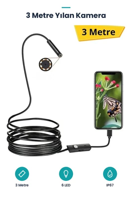 3 Metre Yılan Kamera - Android Destekli - LED Işıklı - IP67 Su Geçirmez