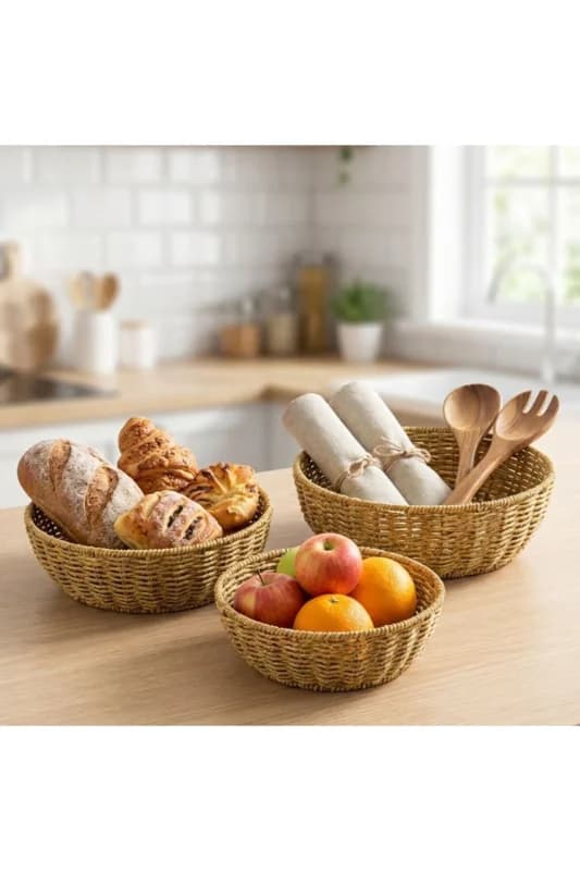 ® 3’lü Plastik Rattan Çanak Seti – Hasır Görünümlü İç İçe Geçebile