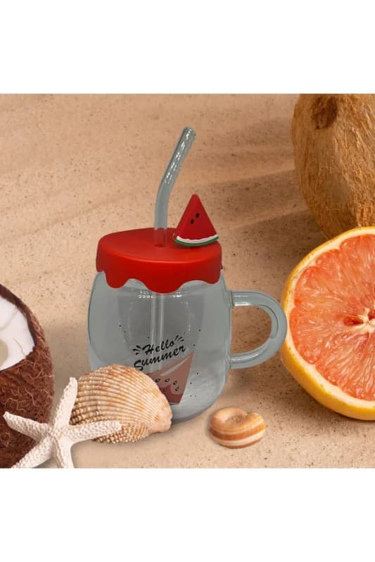 Karpuz Tasarımlı Cam Kupa Bardak - 450 ml - Silikon Kapaklı - Pipetli