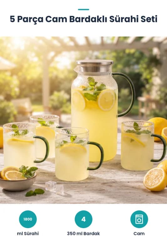 5 Parça Bardaklı Sürahi Seti - Cam - 1800 ml Sürahi - 4 Bardak