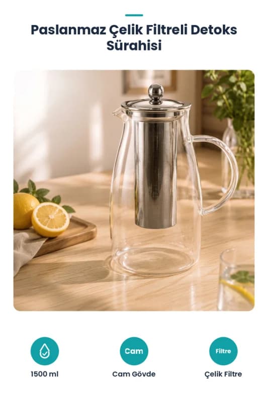 Detoks Sürahisi - 1500 ml - Paslanmaz Çelik Filtre - Cam