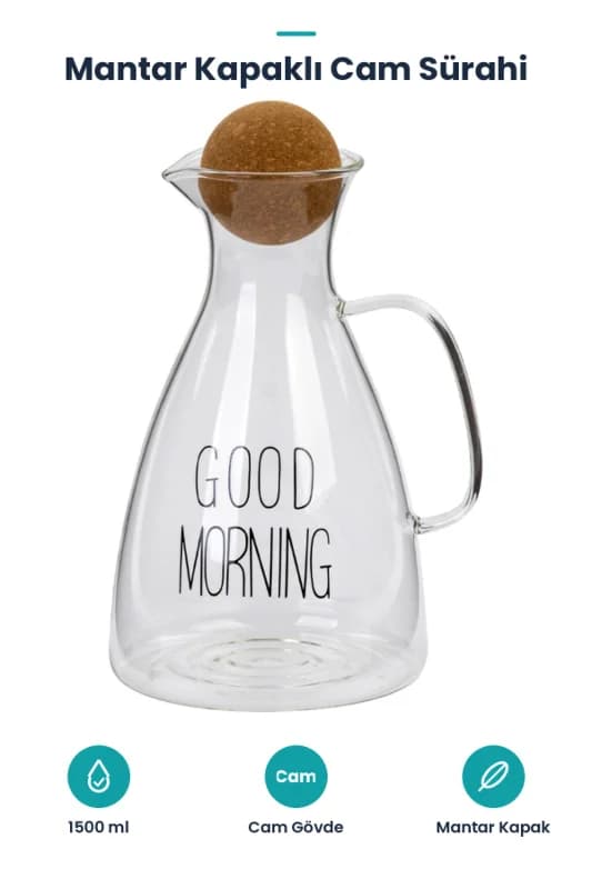 Yuvarlak Mantar Kapaklı Sürahi - 1500 ml - Yüksek Kaliteli Cam