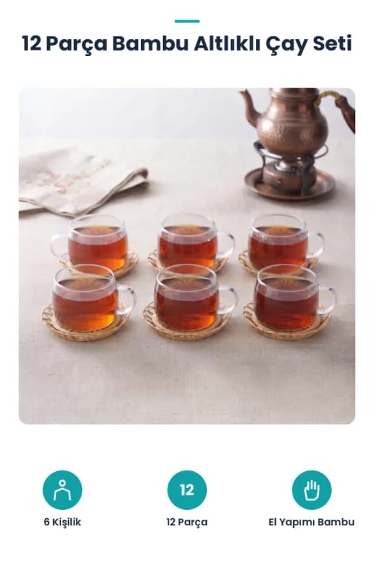12 Parça El Yapımı Bambu Çay Seti - El Yapımı Bambu Bardak Altlığı - 6 Kişilik Fincan Tak�