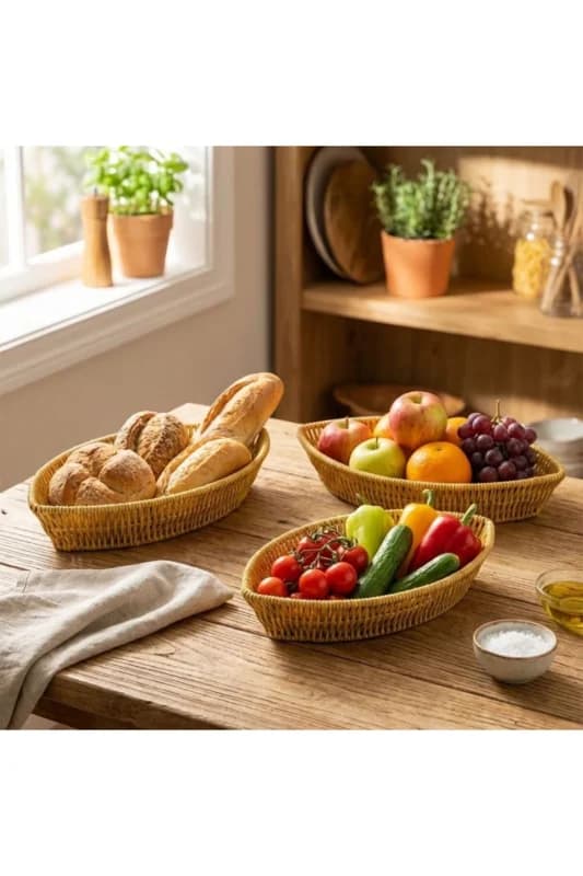 ® 3’lü Kayık Formlu Plastik Rattan Sepet Seti–Hasır Görünümlü Ekmek, M