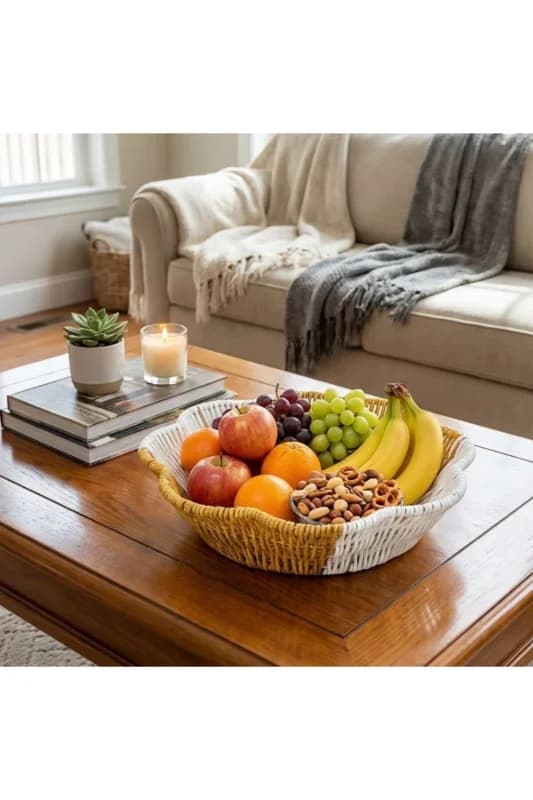 ® Çiçek Model Çift Renkli Plastik Rattan Ekmek ve Meyve Sepeti - Çok Amaçlı