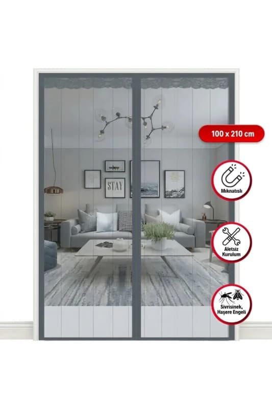 ® Mıknatıslı Kapı Sinekliği Gri 100x210 cm Otomatik Kapanan Manyetik Tül Sin
