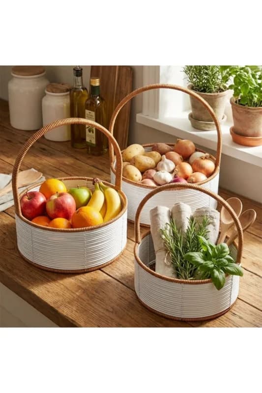 ® 3 Boy İç İçe Geçebilen Plastik Rattan Sepetler–Beyaz Renkli,Kahverengi Sa