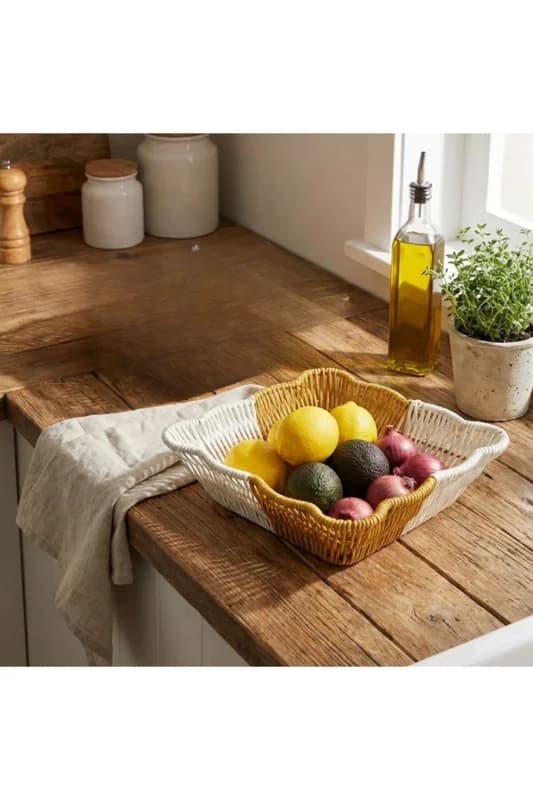 ® Kare Dalgalı Çift Renkli Plastik Rattan Ekmek ve Meyve Sepeti - Çok Amaçlı