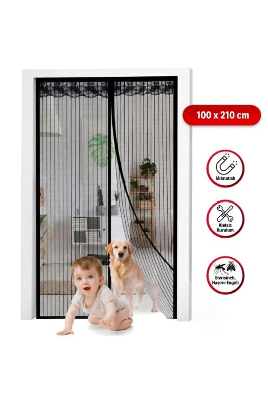® Mıknatıslı Kapı Sinekliği Siyah 100x210 cm Otomatik Kapanan Manyetik Tül S