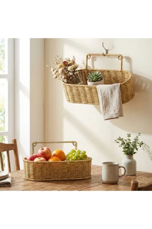 ® 2’li Duvar Askılı Plastik Rattan Organizer – Oval Hasır Görünümlü Mut