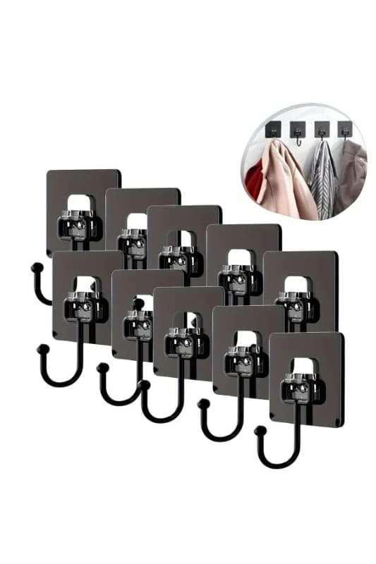 ® 10 Adet Duvara, Dolapa Yapışan Güçlü Yapışkanlı Siyah Duvar Askısı