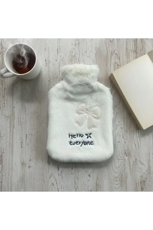 Hello Everyone Yazılı Kurdeleli Beyaz Peluş Sıcak Su Torbası 1 Lt – Yumuşak Kılıf, Uzun S�