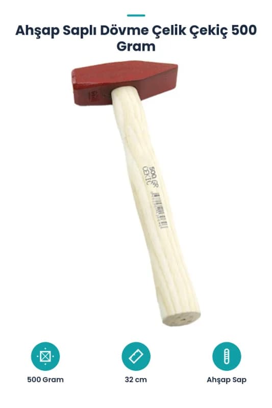 Ahşap Saplı Dövme Çelik Çekiç - 500 Gram - 32 cm