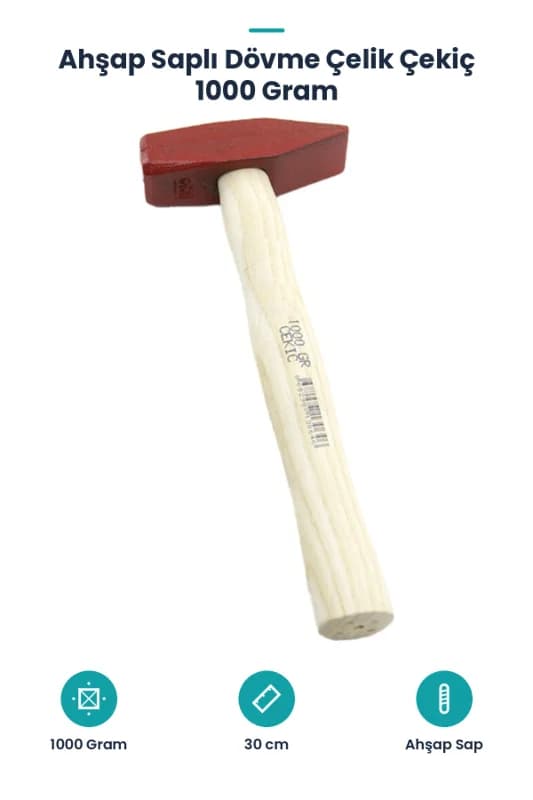 Ahşap Saplı Dövme Çelik Çekiç - 1000 Gram - 30 Cm