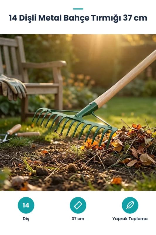 14 Dişli Metal Bahçe Tırmığı - 37 cm Genişlik - Dayanıklı Yapı