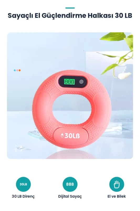 Sayaçlı El Güçlendirme Halkası - Akıllı Egzersiz Aleti - 30 LB